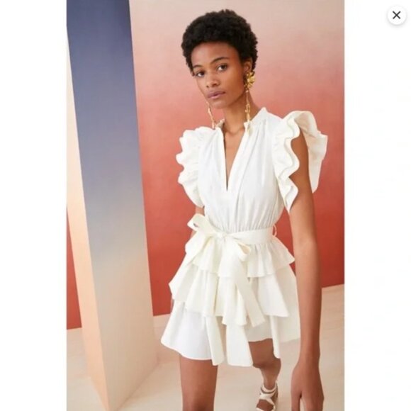 NWOT Ulla Johnson Honoria belted ruffled cotton-poplin mini dress in White Sz 8 - Picture 6 of 7